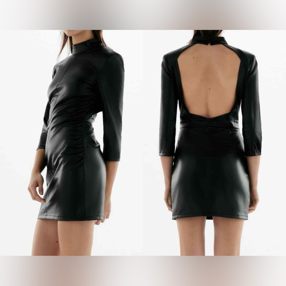 ZARA FAUX LEATHER SHOULDER PAD CUT-OUT MINI DRESS